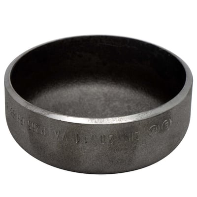 Indura endebund i P265GH stål med DIN 28011 mærkning, diameter 323,9 mm og 7 mm tykkelse.