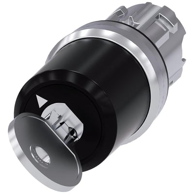 Siemens nøgleafbryder i metal med 22mm rund front, vist med nøgle i låsen og position O markeret.