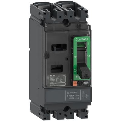 Schneider Electric ComPacT NSX160M 2-polet maksimalafbryder med 125A strømrelæenhed, vist med afbryderen i 'OFF' position og tydelig mærkning.