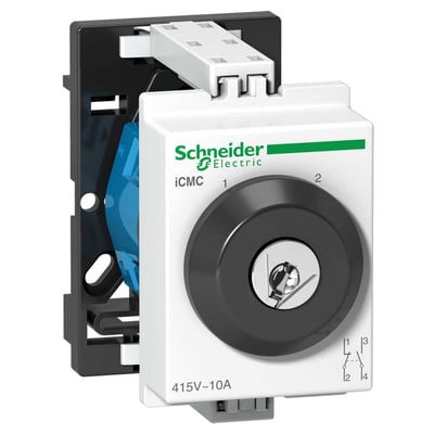 Schneider Electric Acti9 iCMC nøgleomskifter, hvid, 10A, 4 poler, 2 positioner, viser fronten med nøglehul og symboler.