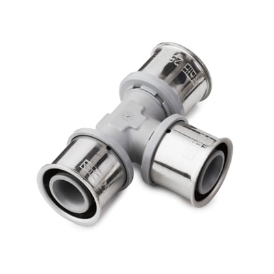 Roth KU-tee T-stykke 40x20x40 mm i PPSU-plast og metal, designet til pres på alu-laserplus systemer.