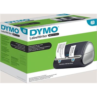 Pakke med DYMO LabelWriter 450 Twin Turbo etiketprinteren, vist med et billede af selve printeren på siden.