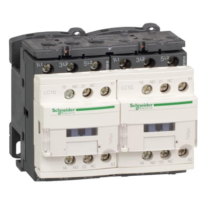 Nærbillede af Schneider Electric TeSys D kontaktor, der viser 2NO+2NC kontakter, mærkat med 'LC1D' og skrueterminaler for tilslutning af ledninger.