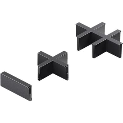 Rittal modulære indlæg til kabelgennemføring med 6 slots, vist med én separat del og to sammensatte X-formede dele på hvid baggrund.