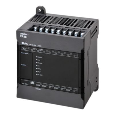 Omron CP2E-N20DT1-D PLC med 12 indgange og 8 udgange, vist fra siden med statusindikatorer og terminaler.