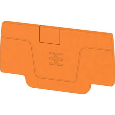 Orange endeplade AEP 2C 2.5 OR fra Weidmüller med indgraveret logo og PUSH IN teknologi, der sikrer stabil fastholdelse.