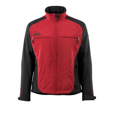 Detalje af Mascot Softshelljakke Dresden, rød/sort, M, viser logo på brystet og refleksdetaljer.