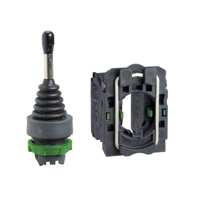 Dele af Schneider Electric XD5PA22 kontroller: joystick-håndtag og kontaktblok separat på hvid baggrund.