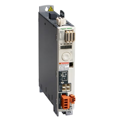 Schneider Electric LXM32C analog/pulse servodrev med 4,5A peak og 230V, vist på hvid baggrund med tydelige tilslutninger og advarselsskilt.