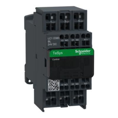 Schneider Electric TeSys D kontaktor LC1D383BL med 38A mærkestrøm, 24V DC spole og 1 NO/1 NC kontakter.