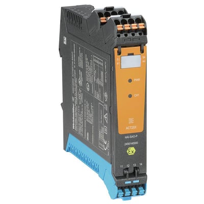 Weidmüller signalomformer og isolator til EX-signaler med orange front, sort kabinet og klemmer, set skråt forfra.