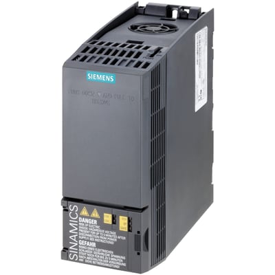 Siemens SINAMICS G120C motor på 1.1kW, 380-480V, visende top med køleventilator og front med sikkerhedsadvarsler.
