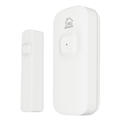 Deltaco SH-WS02 trådløs magnetisk WiFi-sensor i hvid, monteret på en hvid baggrund.