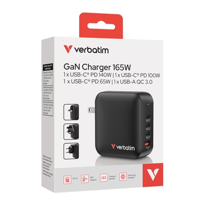 Verbatim Mini GaN Charger 165W i sort, vist med emballage, EU og UK adaptere og produkt specifikationer.