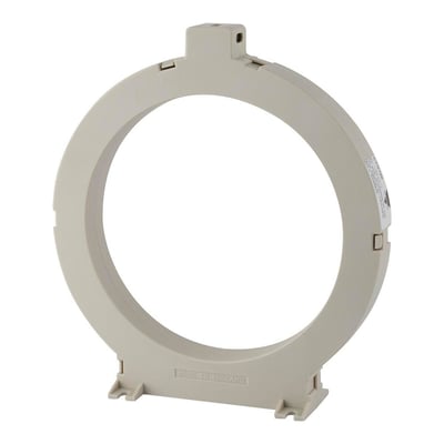 Carlo Gavazzi jordfejlstransformator til DEA/DEB med Ø120 mm, ringformet hus og monteringsfødder set skråt forfra.