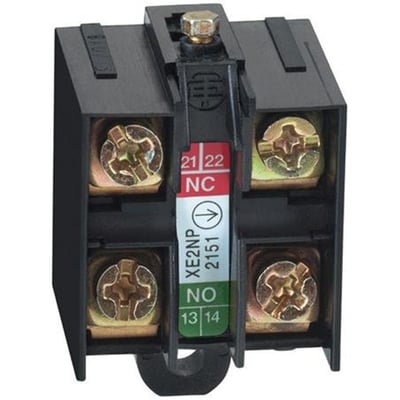 Nærbillede af Schneider Electric kontaktelement XE2NP 2151, der viser 1NO og 1NC kontakter med skrueterminaler og funktionsmærkning.