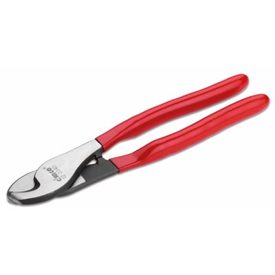Universal kabelsaks med røde, ergonomiske håndtag og sort klinge, perfekt til kobber- og aluminiumskabler.