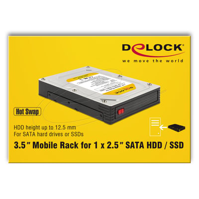 DeLock mobile rack til én 2,5-tommers SATA-harddisk eller SSD i en 3,5-tommers drevbås, vist fra siden.