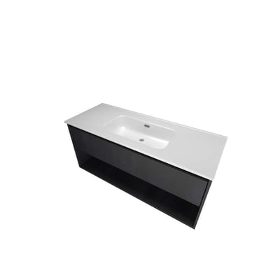 Sanibell Proline møbelsæt i sort eg med vask. Sættet er 121x46 cm og har 1 softclose skuffe og 1 åben hylde. Vasken har overløb, men intet hanehul.