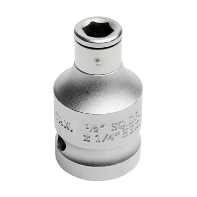 Ironside bitsadapter på 38 mm med 1/2" firkant til 1/4" sekskant, vist stående med sekskantåbningen synlig.