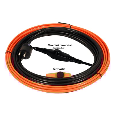 Jevi frostsikringskabel DVU på 4 meter med stik og vandfast termostat, fremstillet i orange og sort kabel på hvid baggrund.