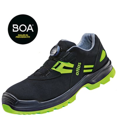 Atlas sikkerhedssko FLASH 5255 XP BOA ESD i sort og neon grøn med BOA Fit System for præcis pasform.