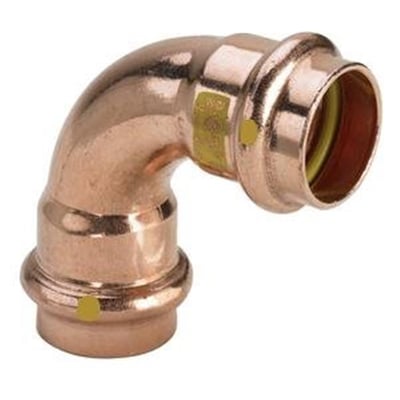 Nærbillede af Viega 18mm Profipress kobberbøjning, viser SC-Contur markeringer og gule pakning.