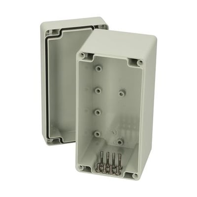 Fibox monteringskasse i lysegrå polycarbonat, 80 x 160 x 95mm, med låget åbent og synlige monteringsskruer indeni.