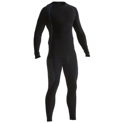 Blåkläder undertøjssæt 681017 i sort/koboltblå, viser trøje og bukser i ribstrikket polyester, fugttransporterende og str. M.