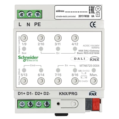 Schneider Electric KNX DALI-Gateway Basic REG-K/2/16/64 forbinder KNX- og DALI-busser, viser grønne terminaler til L/N/PE og DALI-tilslutninger.