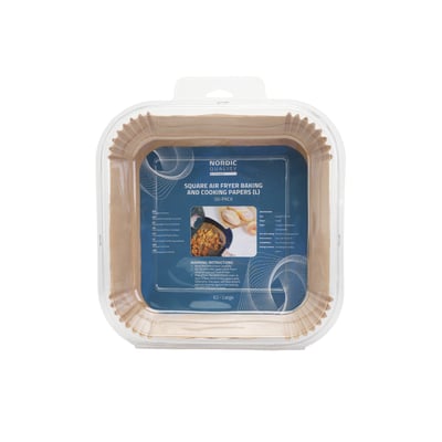 Nordic Quality firkantede airfryer bagepapir i Large størrelse, 50 stk. i klar plastemballage.