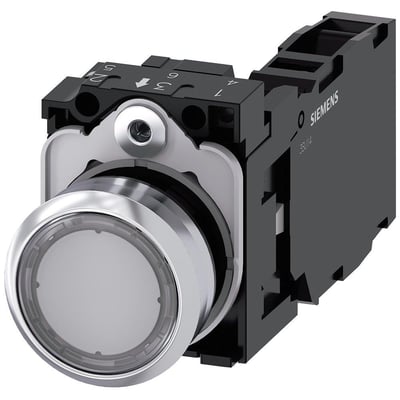 Siemens Sirius Act 22mm trykknap med rund, høj metalramme og klar knap med 1 NO kontakt og skrueklemmer på sort baggrund.