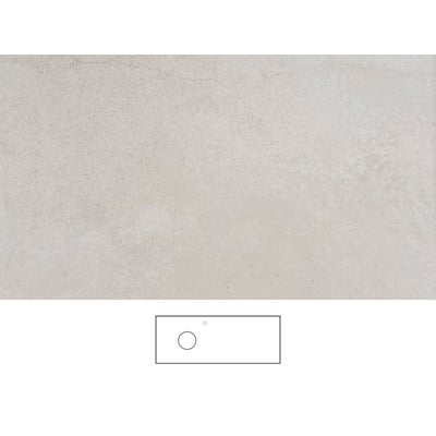 Svedbergs Jura bordplade i beige, 121 x 46 cm, vises med overfladetekstur og skitse af udskæring og armaturhul.