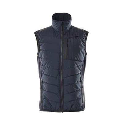 Mascot termovest CLIMASCOT® i mørk marine, str XS, med vattering, lynlås, brystlomme og sorte stretchpaneler i siderne.
