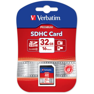 Verbatim SDHC-hukommelseskort på 32 GB, Class 10, ses i sin røde og blå emballage.