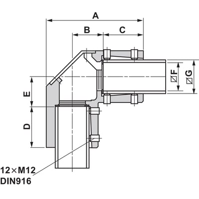 Teknisk tegning af Schneider Electric vinkelbeslag til 50x50 arm, viser dimensioner A-G og fastgørelsesdetaljer med M12 DIN916.