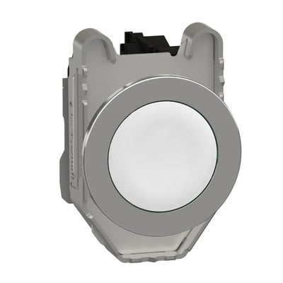 Schneider Electric Harmony XB4 trykknap i hvid med 1xNO kontakt, flush metaldesign og plan trykflade på hvid baggrund.