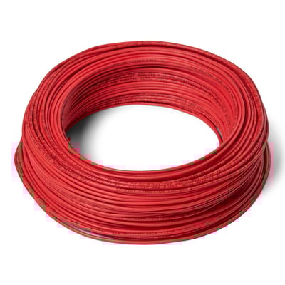 Rød installationsledning H07V-U 1x1.5 mm² rullet op, der viser et tæt bundt af isolerede kobberledere med tydelig tryk på kablet.