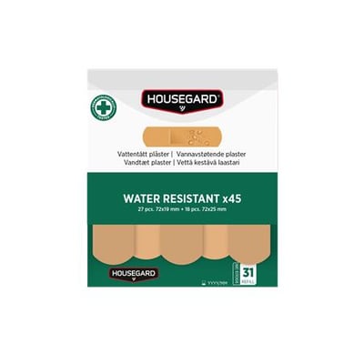Housegard vandafvisende plastre, 2x45 stk., vist i grøn og beige emballage med mærkning om vandafvisning.