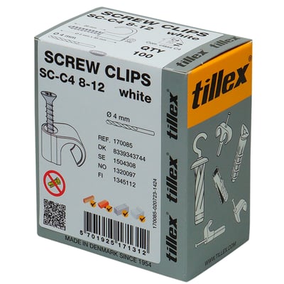Pakke med 100 stk Tillex Skrue Clips SC-C4, 8-12 mm, hvid, vist fra siden med detaljer om produktinformation og målinger.