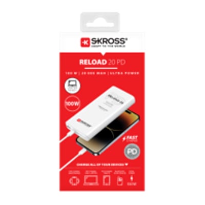 Skross Powerbank Reload 20 PD 100W i hvid emballage, viser powerbanken og en telefon med opladningskabel.