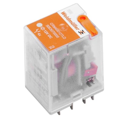 Weidmüller industrielt relæ med 24 V AC og fire omskiftekontakter, vist skråt med gennemsigtigt hus og orange testknap.