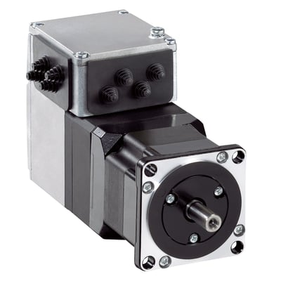 Schneider Electric servo integreret motor ILA1R571PB1A0 med RS485 interface og 24-36V driftspænding. Motoren har et gråt metalhus øverst og et sort kabinet med en aksel foran.