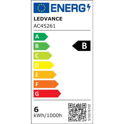 EU energimærke for Ledvance lyskilder, viser energiklasse B på en skala fra A til G for et forbrug på 6 kWh/1000h.