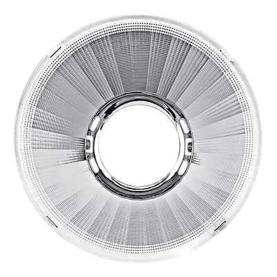 Rund, sølvfarvet Ledvance Spot Vario XR-reflektor med rillet inderside og 15° spredningsvinkel.