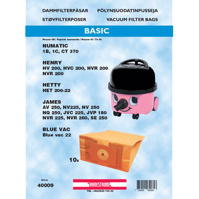 Hanestrom Basic støvsugerposer, pakke med 10 stk i orange papir til Numatic Henry støvsugere.
