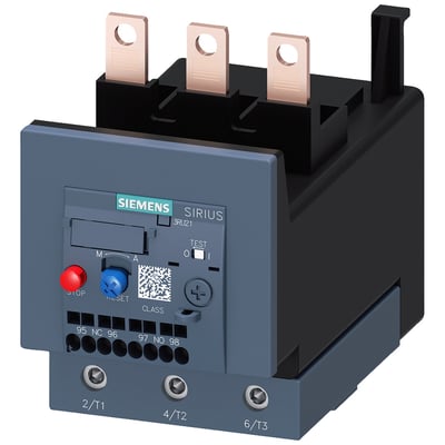 Siemens 3RU21 termorelæ til motorbeskyttelse, 80-100A, med STOP og RESET knapper, klar til kontaktormontering.