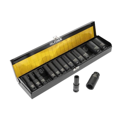 Ironside krafttoppesæt med 15 toppe, 1/2" og størrelser 10–30 mm, vist i åben metalkasse med to løse toppe.