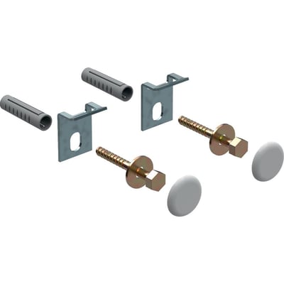 Geberit Kerafix fastgørelsessæt til urinal med skruer, beslag, grå plugs og hvide dækkapper, vist samlet.