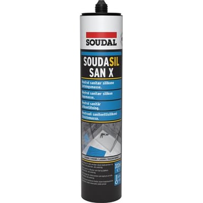 Soudal San X transparent sanitetssilikone i 300 ml patron med symboler for fugning i badeværelse og køkken.